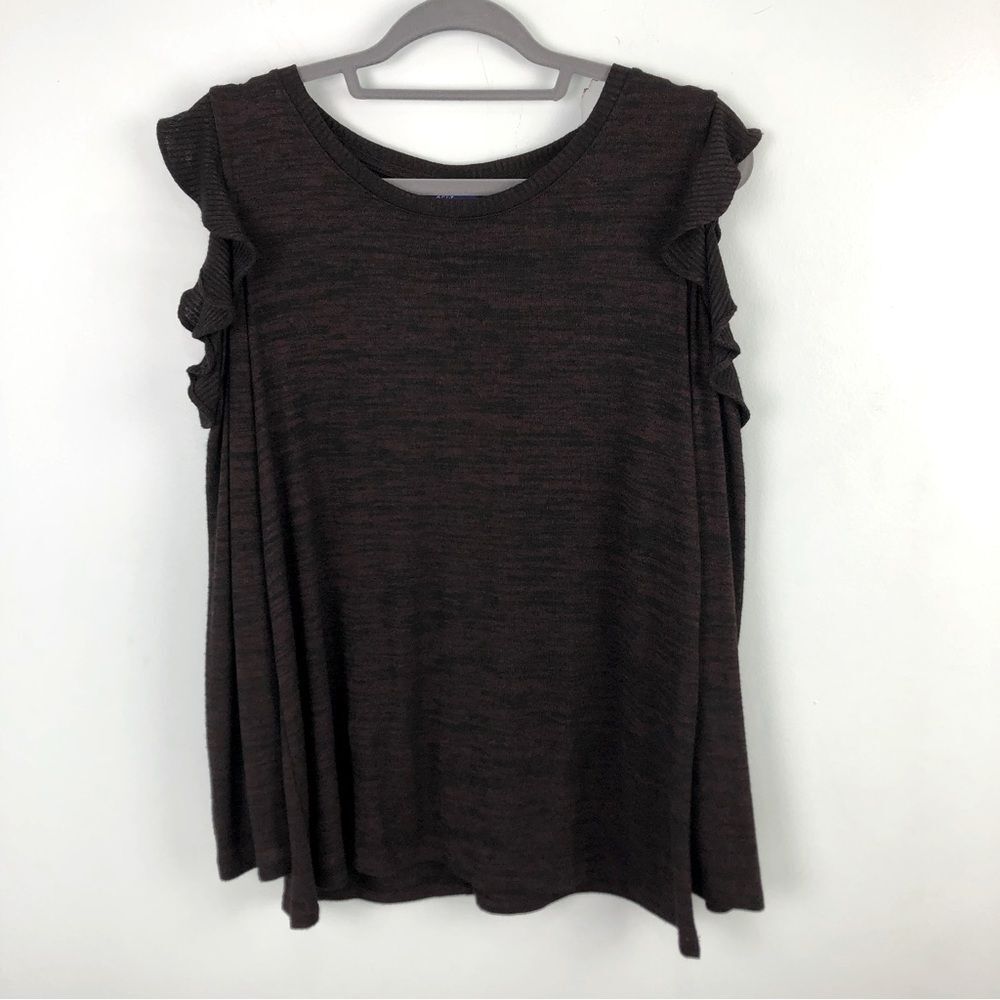 Apt. 9 Black & Maroon Cold Shoulder Ruffled Sleeved Knit Top Size Large